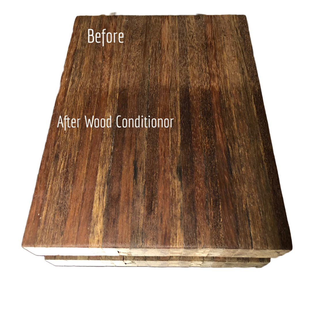 Before and after applying wood conditioner. 